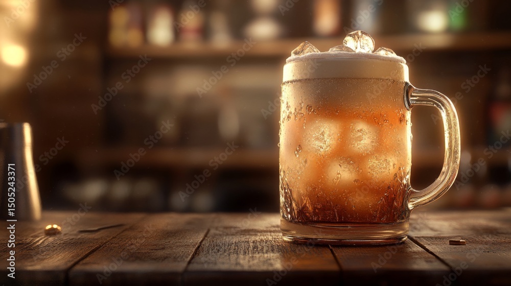 Poster a frosty mug of beer filled with ice, placed on a wooden table with a blurred bar background