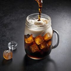 Iced Cold Brew Coffee with Cream Swirl in Transparent Glass Jar &ndash; Top View with Matte Black Backdrop
