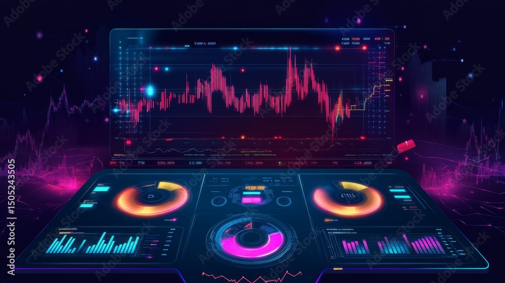 Aufkleber a futuristic ai-driven financial analysis screen with glowing charts and stock market indicators