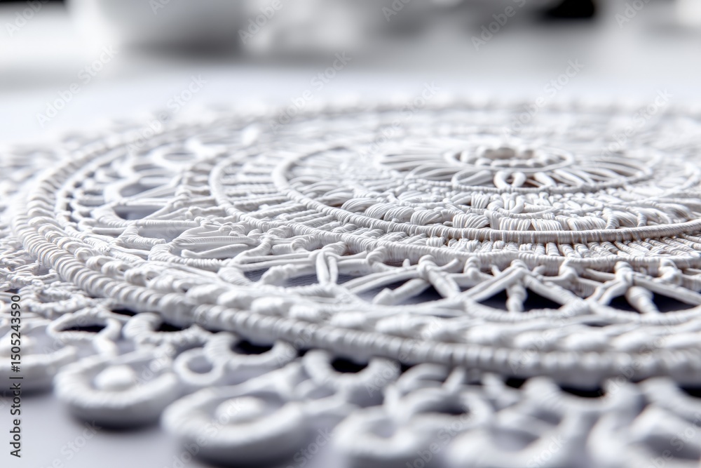 Poster delicate white lace doily showcasing intricate patterns on a smooth surface in soft natural lighting