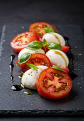 A vibrant caprese salad composed of fresh ingredients, arranged on a slate surface.