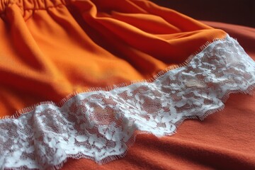 Elegant lace trim on vibrant orange fabric showcases intricate craftsmanship in textile design