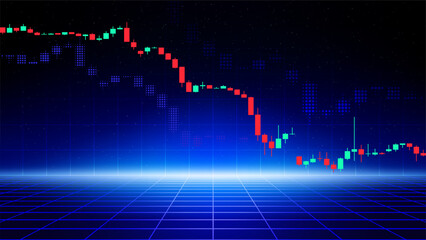Stock market trading chart. Abstract finance blue background. Falling financial market. Japanese candlesticks. Investment concept. Economy trends background for business. Vector illustration