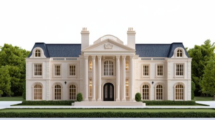 Fototapeta premium Grand Beige Mansion with White Columns and Dark Grey Roof
