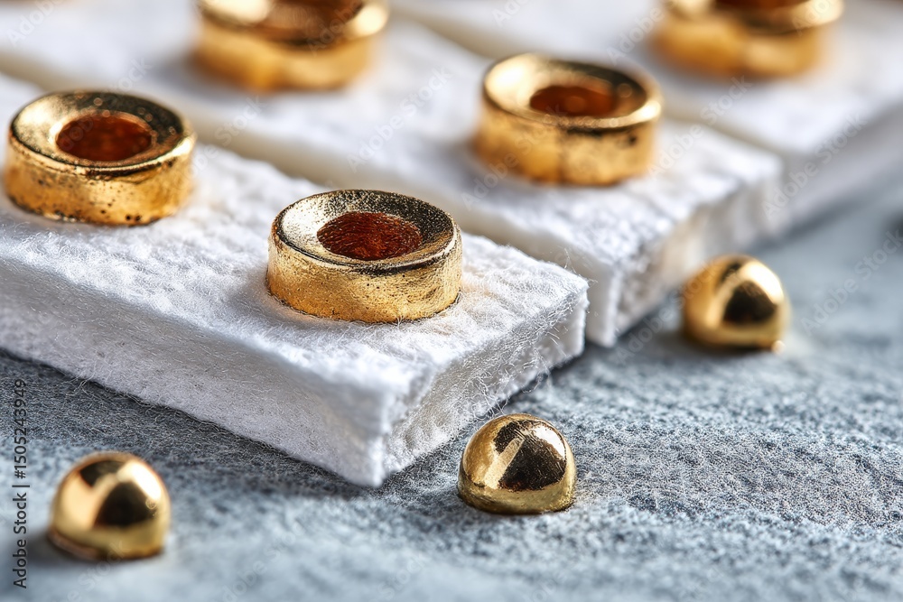 Poster Detail of gold-plated elements on textured fabric background with additional metallic pieces scattered nearby