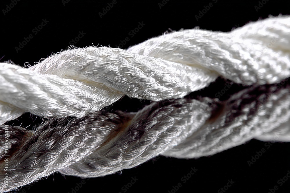 Poster twisted white rope reflecting on a black surface with intricate details highlighted