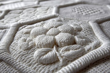 Intricate white crochet pattern with flower designs in hexagonal shapes displayed on a textile surface