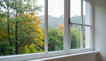 Foggy Glass Window with Raindrops and Blurred Trees in the Background