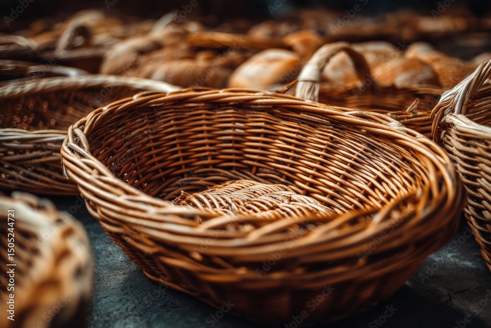 Poster woven baskets displayed in a rustic market setting highlighting craftsmanship and natural materials