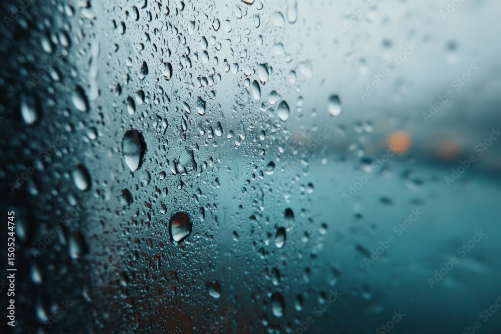 Poster Raindrops create a beautiful pattern on a glass window during a rainy day in an urban setting