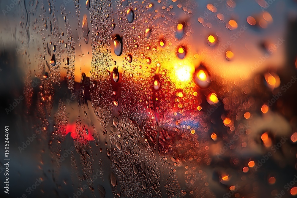 Poster Sunset view through a rain-soaked window with vibrant colors and bokeh effects during evening hours