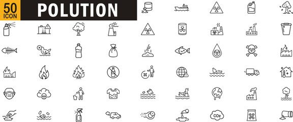 Pollution editable outline icon set. Waste, factory, toxic, environment, air, plastic and more.
