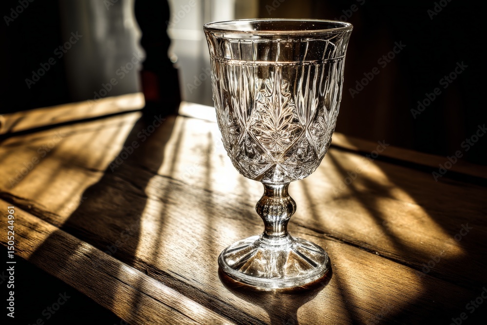 Aufkleber crystal glass sits elegantly on a wooden surface bathed in warm sunlight with intricate shadows crea