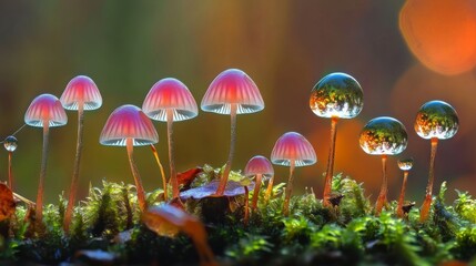 Fototapeta premium A group of mushrooms growing on moss, with fresh raindrops reflecting sunlight