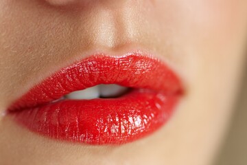 Fototapeta premium Stunning close-up of lips adorned with bright red lipstick, showcasing beauty in a soft lighting atmosphere