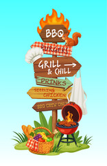 BBQ barbeque wooden signboard, directional sign yard with burning grill, picnic basket, apron, chef hat, squirrel and fire. Cartoon vector arrow signpost with burgers, chicken, drinks in garden grass