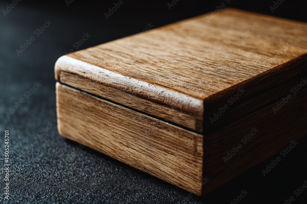 Poster Wooden box with a smooth finish resting on a dark surface, showcasing craftsmanship and natural texture in a minimalist setting