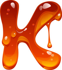 Flowing honey cartoon font letter K. Yellow amber flow English alphabet element, sweet honey cartoon vector typeset symbol. Liquid candy ABC type sign or tasty caramel font letter