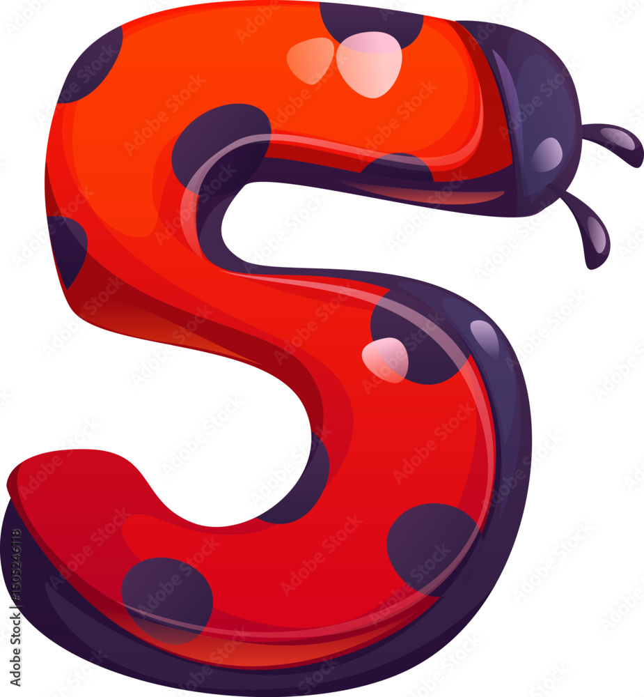 Fototapete Ladybug beetle cartoon font digit 5 five. Garden lady bug kids ABC type numeral symbol, ladybird vector math font figure. Spring insect cartoon mathematics typeface number or alphabet typeface digit