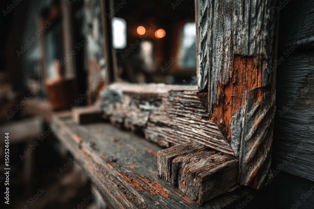Poster Wooden window frame showcasing weathered texture and rustic charm in abandoned building