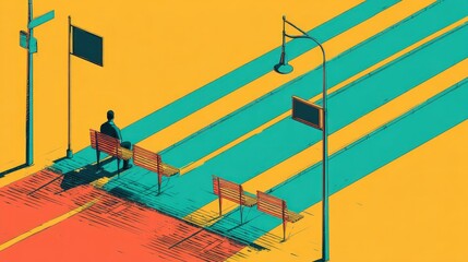 Cityscape of Waiting, Person on Bench, Abstract Style