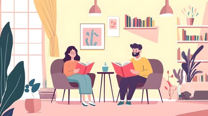 A caregiver reading a book aloud to an elderly person who is smiling while sitting comfortably in a cozy living room