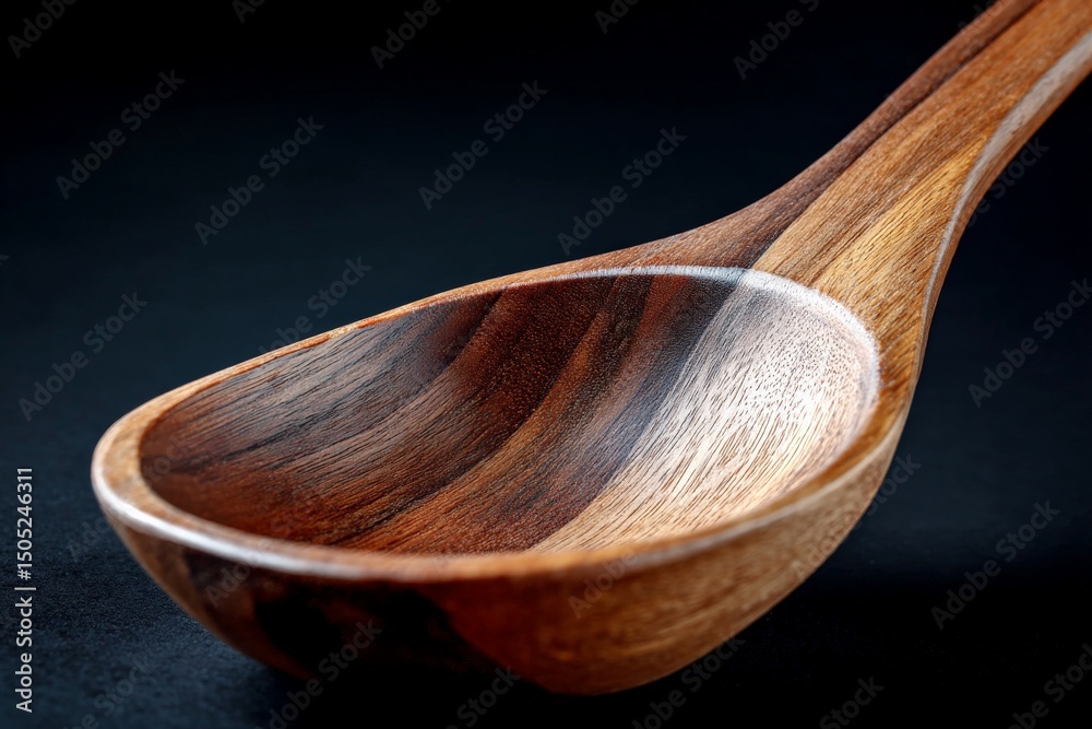 Poster crafted wooden spoon showcases fine craftsmanship and unique grain patterns against a dark backgroun