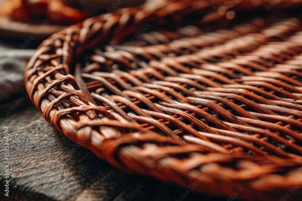 Poster close-up view of a handmade woven basket on a wooden table displaying artisanal craftsmanship and na