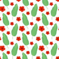 Seamless floral pattern for fabric and textile. Green banana leaf and red hibiscus flower on white background. Vector illustration. Tropical print for packaging and wrapping paper. Plant ornament.