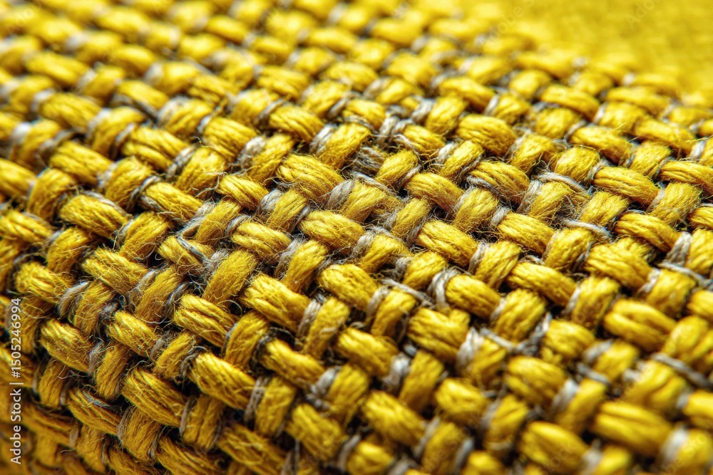 Poster detailed close-up of textured fabric in vibrant yellow hue showcasing intricate weaving patterns and