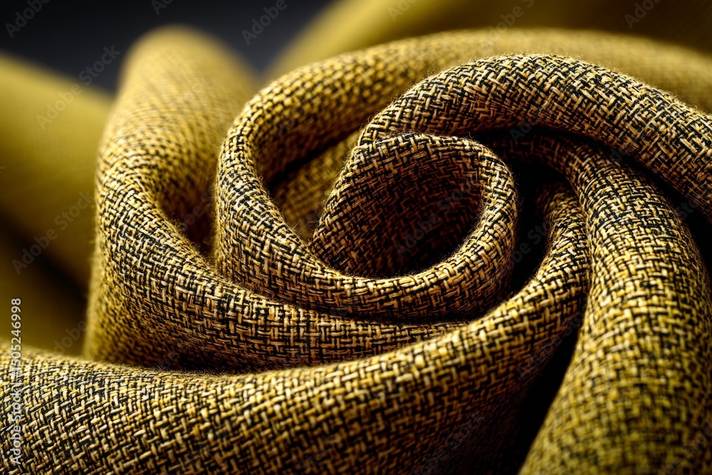 Poster Close-up view of a golden fabric swirl showcasing intricate texture and design elements of textile craftsmanship