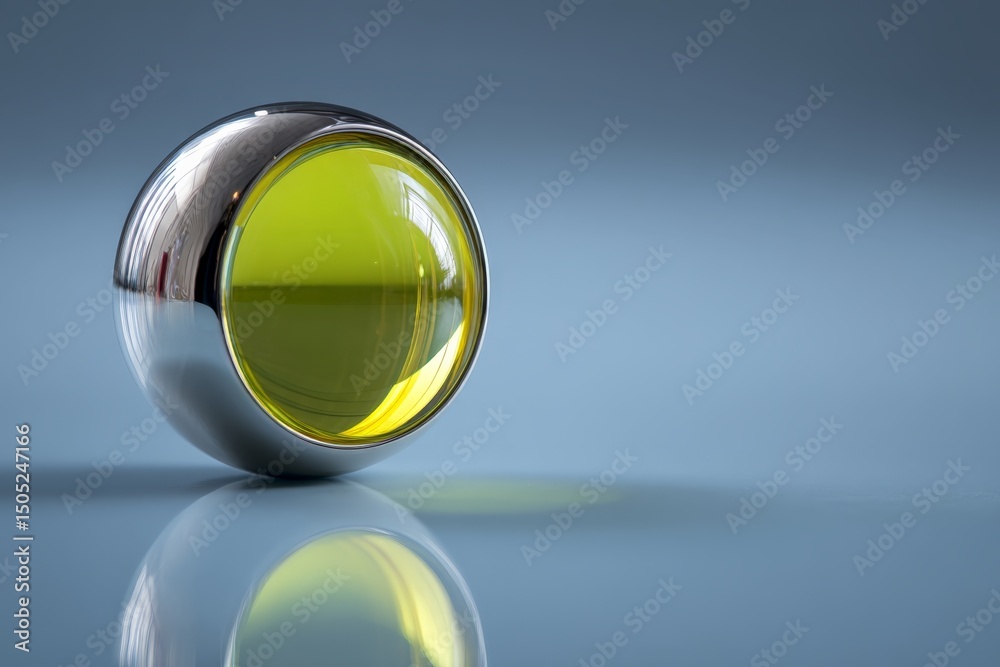 Poster sphere with shiny metal and vibrant liquid resting on a reflective surface at midday