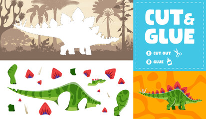 Cut and glue kids game with prehistoric dinosaur in jungle forest, vector worksheet. Cut out and glue puzzle quiz with separated parts of cartoon stegosaurus dino animal, kids education activity game © Vector Tradition