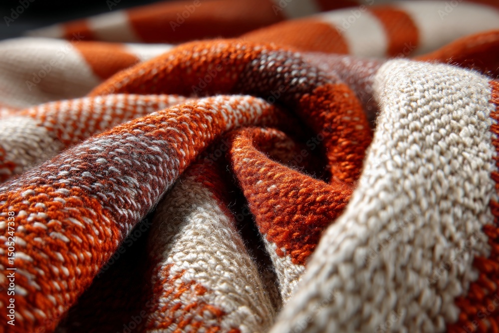 Poster Textured woven fabric with warm colors in a close-up view showcasing detailed patterns and soft texture