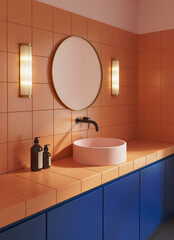 3d render of a vibrant clor block bathroom  interior in Memphis style with salmon red blue and pink colors	
