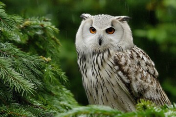 Obraz premium Striking owl perched gracefully among lush green foliage in nature's serene setting