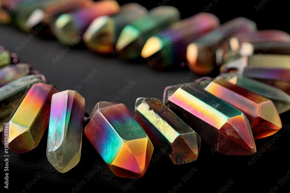 Poster vibrant crystal necklace showcasing unique color gradients in intricate design with a dark backgroun