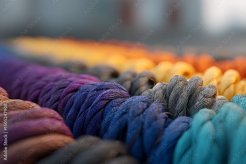 Poster colorful array of hand-dyed yarn displayed at a craft fair in autumn, showcasing various textures an
