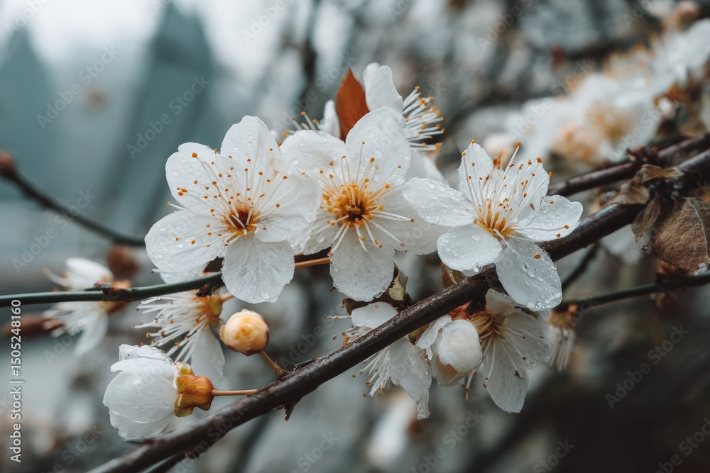 Poster delicate white blossoms on a branch with raindrops in a serene spring setting