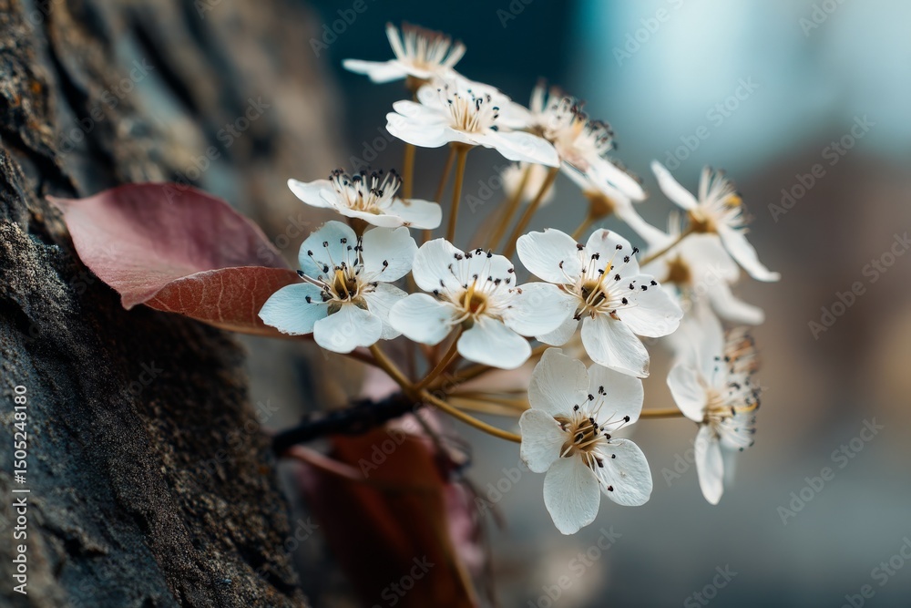 Poster delicate white flowers blooming on a tree trunk during springtime in a natural setting