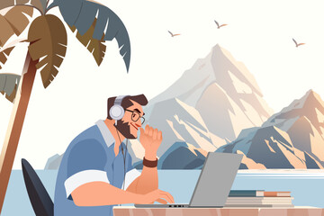 Digital Nomads in Coworking Space with Nature and Mountain View. Flat Vector Illustration.