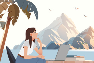 Digital Nomads in Coworking Space with Nature and Mountain View. Flat Vector Illustration.