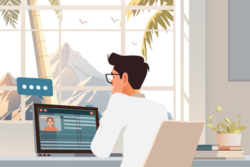 Digital Nomads in Coworking Space with Nature and Mountain View. Flat Vector Illustration.