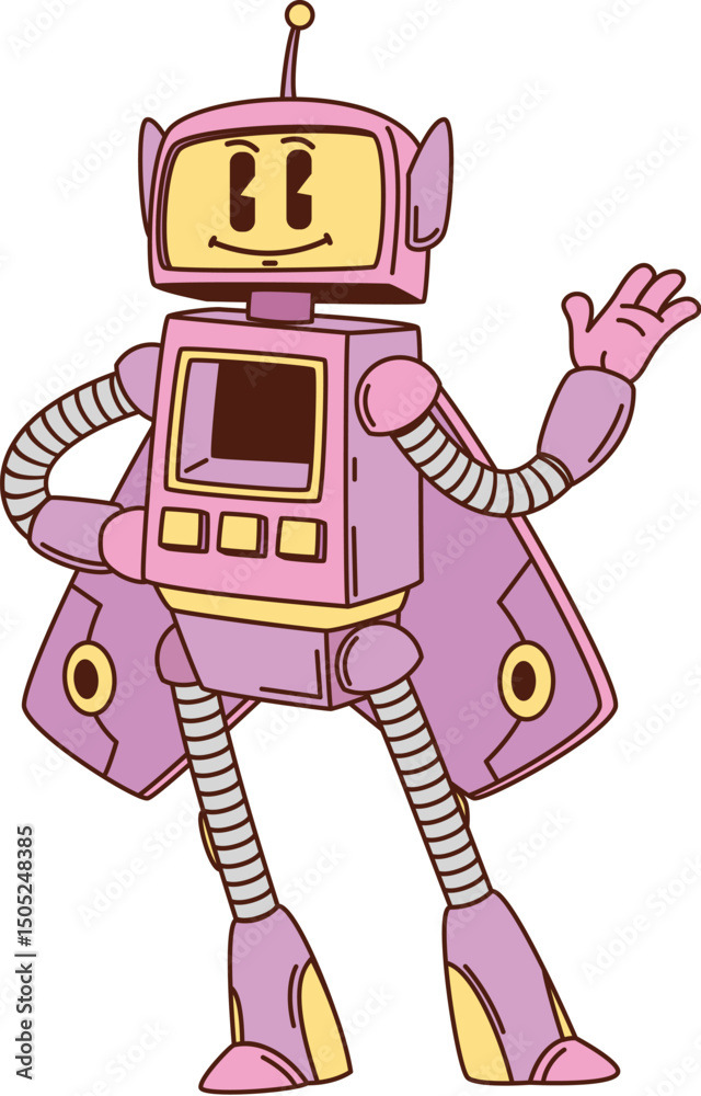 Poster cartoon funny groovy robot or droid character of robotic woman cyborg, vector transformer. groovy wo