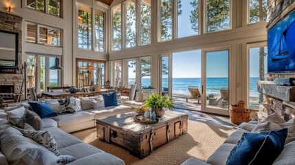 Fototapeta premium A luxurious beachfront nautical villa with large windows, open living spaces, and a stylish maritime-inspired design