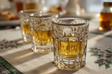 Glasses filled with golden liquid on a table set for a cozy afternoon gathering