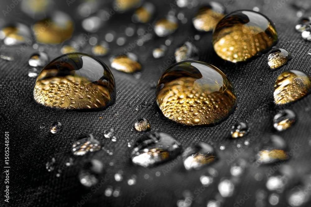 Poster close-up view of water droplets reflecting light on a dark textured surface showcasing intricate det