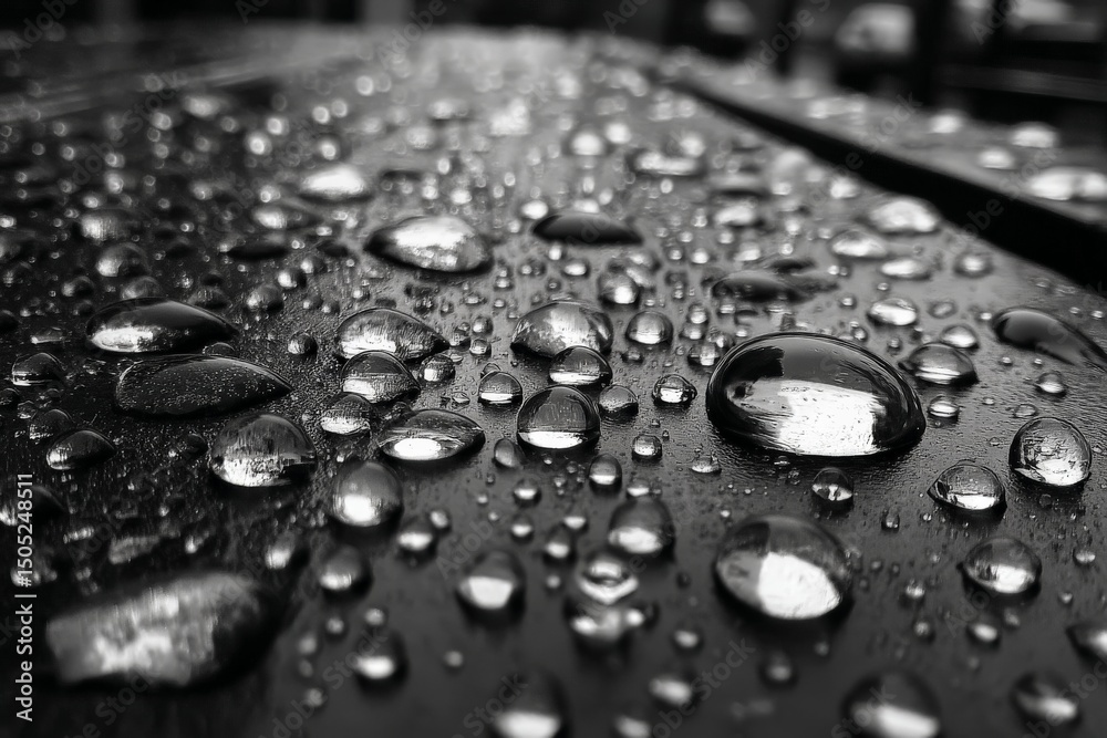 Poster close-up view of raindrops on a wooden surface capturing reflections in a rainy urban setting