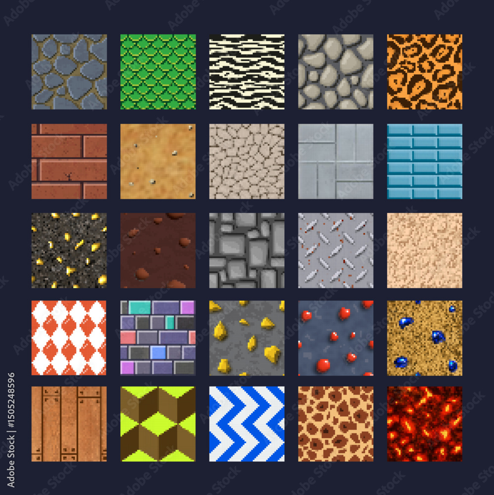 Poster 8 bit pixel art game tiles with seamless patterns and textures set, vector cartoon backgrounds. 8bit
