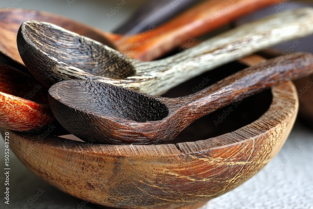 Aufkleber crafted wooden spoons resting in a handcrafted bowl displayed on a rustic table